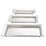 The Novogratz - Traditional Silver Aluminum Tray 30723 - Get organizing and decorating an elegant vibe with these metallic silver trays placed in your traditional-themed counters or console tables. Designed with felt or rubber stoppers at the base that prevent scratching furniture and table tops, as well as sliding around. This item ships in 1 carton. Please note that this item is for decorative purposes only and is not food safe. Welded round metal feet for style and elevation. Aluminum tray makes a great gift for any occasion. Suitable for indoor use only. Made in India. This tray comes as a set of 3. Traditional style.