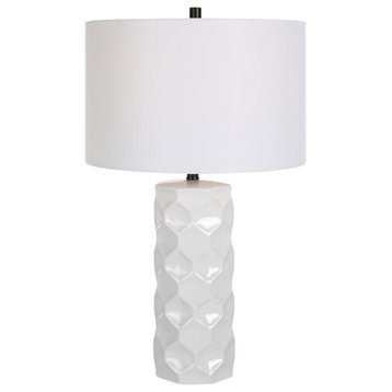 Elegant Gloss White Honeycomb Pattern Cylinder Table Lamp 27in Repeating Hexagon
