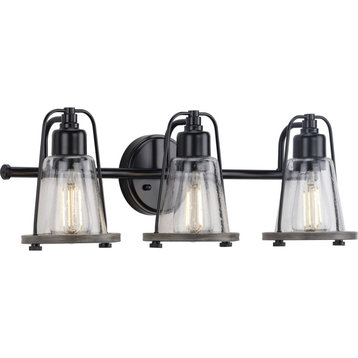 Conway 3-Light Matte Black Clear Seeded Glass Farmhouse Bath Vanity Light