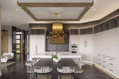 Example of a minimalist eat-in kitchen design in Miami with an island