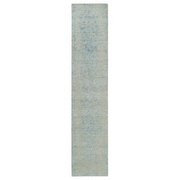 Gray Modern Jacquard Hand Loomed Wool and Silk Runner Oriental Rug, 2'6"x12'