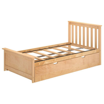 Twin Platform Bed, Slatted Headboard and Panel Footboard With Trundle, Natural