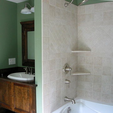 Subtle tile layout with shelves creates interest and practicality.