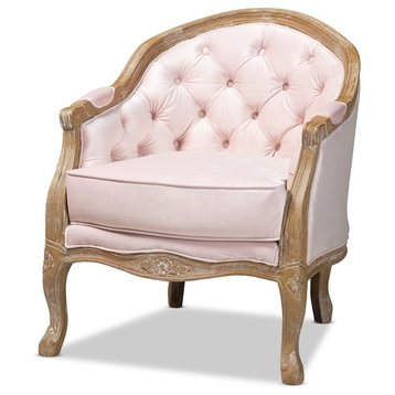 Baxton Studio Genevieve Light Pink Velvet White-Washed Oak Armchair