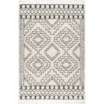 nuLOOM Vasiliki Moroccan Tribal Tassel Shag Area Rug, Off White, 10'x13'
