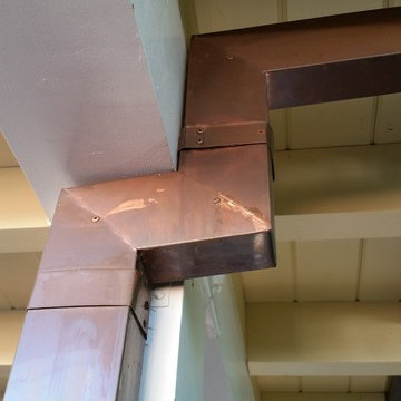 Aged Copper Box Gutter, 1 Year After Install, Brown Red,Green Patina. Venice CA.