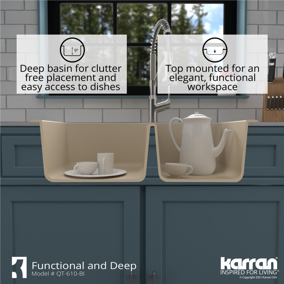 Karran Drop-In Quartz 33" 1-Hole 60/40 Double Bowl Kitchen Sink, Bisque