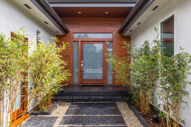 Example of a mid-sized minimalist entryway design in San Diego with a medium wood front door
