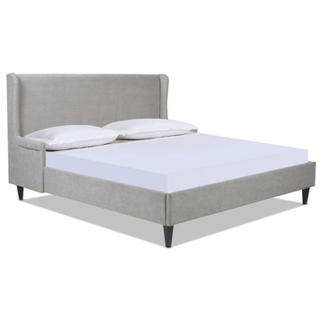 Clara Wingback Arm Upholstered Platform Bed, Silver Grey Polyester, King