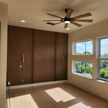 Master Bedroom Feature Wall – Continuous Vertical Solid Wood Slat Panel Wall