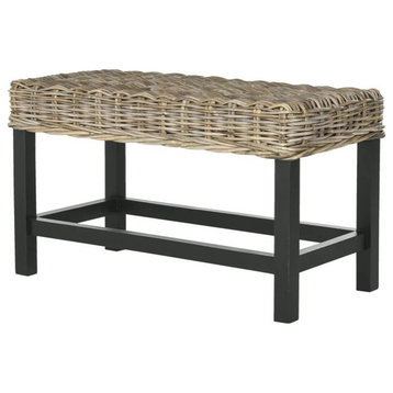 Rustic Accent Bench, Mahogany Finished Legs With Woven Wicker Seat, Natural