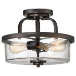 Savoy House - 2-Light Semi-Flush Mount - The ceiling fixture has sleek, casual style with a touch of an industrial-inspired aesthetic. Wide bands form a open, arched frame with a ring-shaped shade holder, streamlined finial, and circular ceiling plate. This frame has a solid, understated practicality and a rich, dark, English bronze finish. The drum-shaped shade is made of pristine, clear glass, allowing two 60W, E-style bulbs to illuminate the area. Using visible filament or Edison bulbs will add to the vintage, utilitarian appeal. The fixture measures 13� wide, 10� high, and has a semi-flush mounting �a superb size to put comfortable, industrial chic style in your dining room, kitchen, living room, foyer, family room, office, bedroom, or great room.