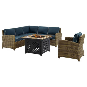 Bradenton 5-Piece Outdoor Wicker Sectional Set and Fire Table, Navy