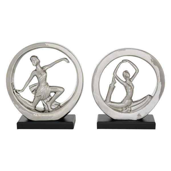 Small Round Porcelain Yoga Sculptures, Silver Finish & Wood Base, Set