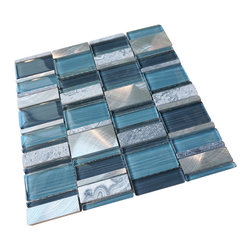 Glossy Blue and Blue Stone Random Brick Rectangle Pattern Glass Mos - Home Decor