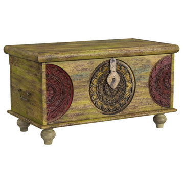 Transitional Coffee Table, Trunk Design With Hardwood Frame & Carved Accents