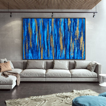 60x48 Inches Blue Gold Abstract Contemporary Painting Large Canvas Wall Art