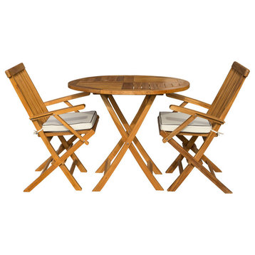 3-Piece Teak Wood Valencia Patio Set; 36" Round Folding Table & 2 Folding Chairs