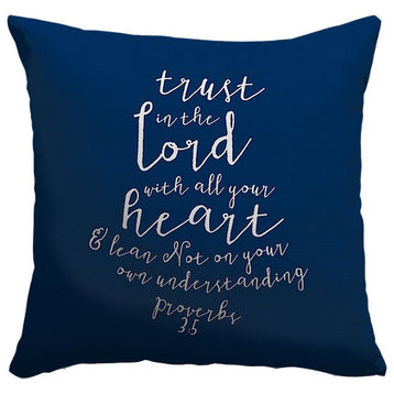 "Proverbs 3:5 - Scripture Art in White and Navy" Outdoor Pillow 16"x16"