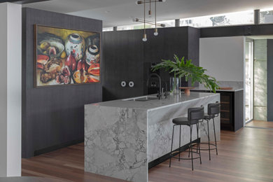 Photo of a large contemporary u-shaped kitchen in Sydney with a double-bowl sink, flat-panel cabinets, dark wood cabinets, marble worktops, glass sheet splashback, integrated appliances, medium hardwood flooring, an island, brown floors, grey worktops and exposed beams.