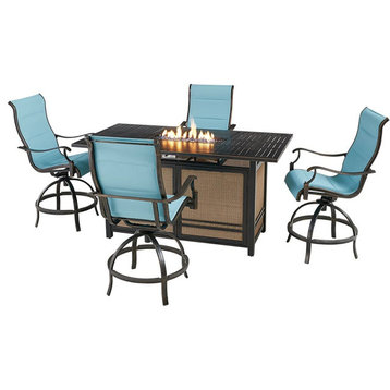 5 Pieces Patio Dining Set, Large Fire Pit Table and Swiveling Sling Chairs, Blue