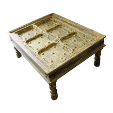 Mogul Interior - Consigned Antique Coffee Table Rustic Hand Carved Solid Wood Vintage Tea Table - Coffee Tables