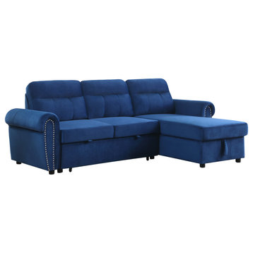 Ashton Velvet Fabric Reversible Sleeper Sectional Sofa Chaise, Blue