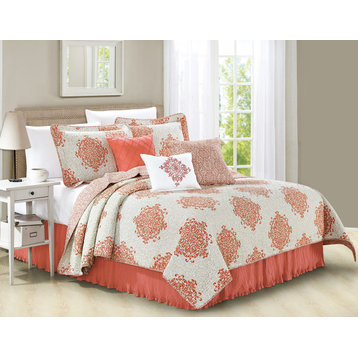 Chelsea Printed Quilted 6 Piece Bed Spread Set, Coral, Queen