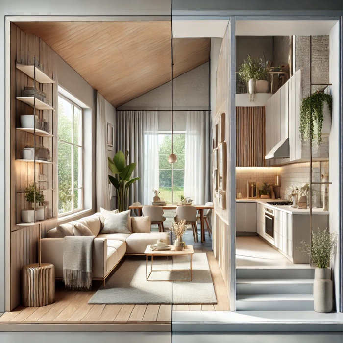 The image shows a beautifully remodeled living space with a cozy, light-filled living room and a sleek modern kitchen, blending style and functionality.