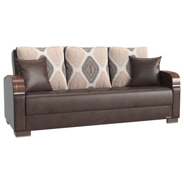 Sleeper Sofa, Rounded Arms, Seat With Click Clack Technology, Brown Leatherette