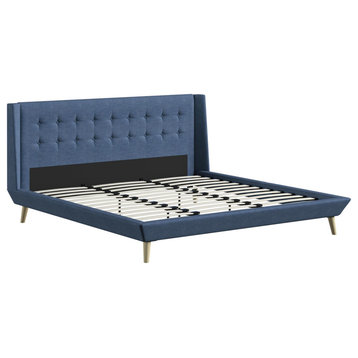 Unique Platform Frame, Wing Headboard With Button Tufting, Blue, King
