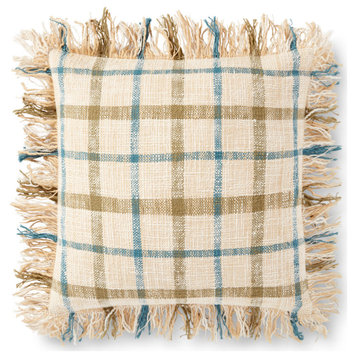 Natural, Rust, Blue 18"x18" Handwoven Structured Check Pillow With Fringe