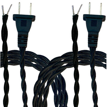 Twisted Rayon Lamp Cord With NEMA-15P Plug, Stripped Ends Ready for Wiring, Blac
