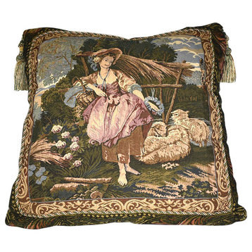 Italian Tapestry Pillow With Tassels, Burgundy