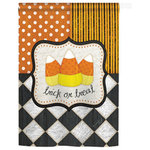 Breeze Decor - Halloween Trick Or Treat 2-Sided Vertical Impression House Flag - Size: 28 Inches By 40 Inches - With A 4"Pole Sleeve. All Weather Resistant Pro Guard Polyester Soft to the Touch Material. Designed to Hang Vertically. Double Sided - Reads Correctly on Both Sides. Original Artwork Licensed by Breeze Decor. Eco Friendly Procedures. Proudly Produced in the United States of America. Pole Not Included.