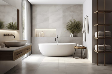 Inspiration for a huge contemporary master gray tile and porcelain tile porcelain tile, multicolored floor and single-sink freestanding bathtub remodel in Dallas with light wood cabinets, a bidet, gray walls, marble countertops, beige countertops, a niche and a floating vanity