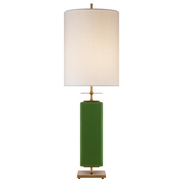 Beekman Table Lamp in Green Reverse Painted Glass with Cream Linen Shade