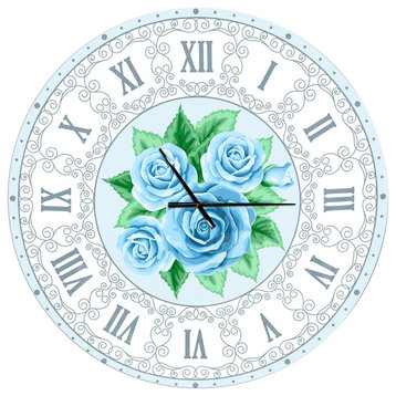 Blue Hand Drawn Roses Shabby Chic Vintage Contemporary Clock, 36x36