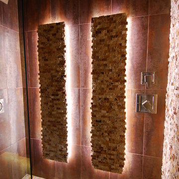 Rustic Contemporary Bathroom features creative lighting, invisible shower drain