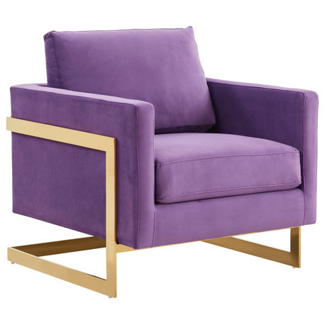 LeisureMod Lincoln Velvet Accent Arm Chair With Gold Frame, Purple