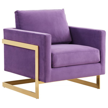 LeisureMod Lincoln Velvet Accent Armchair with Gold Frame - Purple