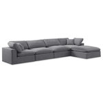 Meridian Furniture - Comfy Upholstered L-Shaped Modular Sectional, Grey, 5-Piece: 2 Armless Chair, 2 Corner Chair, 1 Ottoman, Velvet - Give your space a whole new look with this grey Comfy velvet sectional. This handsome sectional fits nicely with other items in the Comfy collection and is a versatile seating option designed for adaptability, comfort and style. Wrapped in rich grey durable velvet upholstery, this sectional offers a plush embrace of overstuffed down feather cushions, carefully crafted to deliver the highest level of comfort. The perfect seat for creating an oasis for relaxation, this sectional has thick foam surrounding its frame for added support and coziness.
