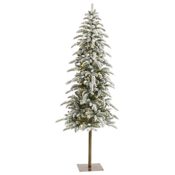 6.5' Flocked Washington Alpine Xmas Faux Tree W/White Lights & Bendable Branches