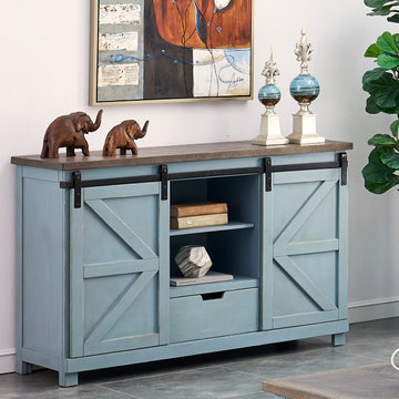 Wharf Two Sliding Door 2 Drawer Credenza with Plank Style Top