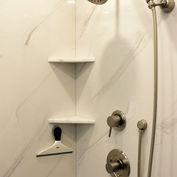 Small Bathroom Contemporary Vanity with Vessel SInk and Cultured Marble Shower