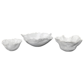 Fleur Ceramic Bowls, Set Of 3, White