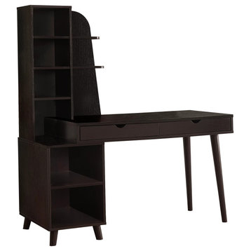 Contemporary Desk, 2 Drawers & Integrated Bookcase With Multiple Shelves, Brown