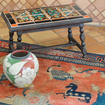 Hacienda Houzz Pro   Antique Chinese Carpet, California Tile Table, Mexican Vase