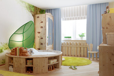 Inspiration pour une grande chambre d'enfant de 4 à 10 ans rustique avec un mur vert et un sol en bois brun.