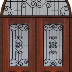 Prehung Transom Double Door 80 Fiberglass Verona Arch Lite GBG Glass - Front Doors